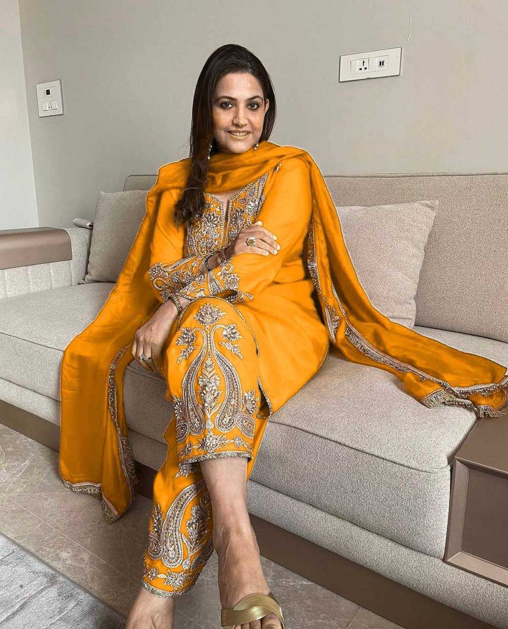 Ynf Chinon Silk KESH499 3097 Suits & Dresses Wholesale Ladies Suits Party wear suits Yellow Salwar Suit Manufacturer- Kapda Export