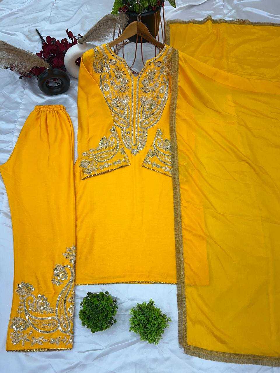 Ynf Chinon Silk KESH499 3097 Suits & Dresses Wholesale Ladies Suits Party wear suits Yellow Salwar Suit Manufacturer- Kapda Export