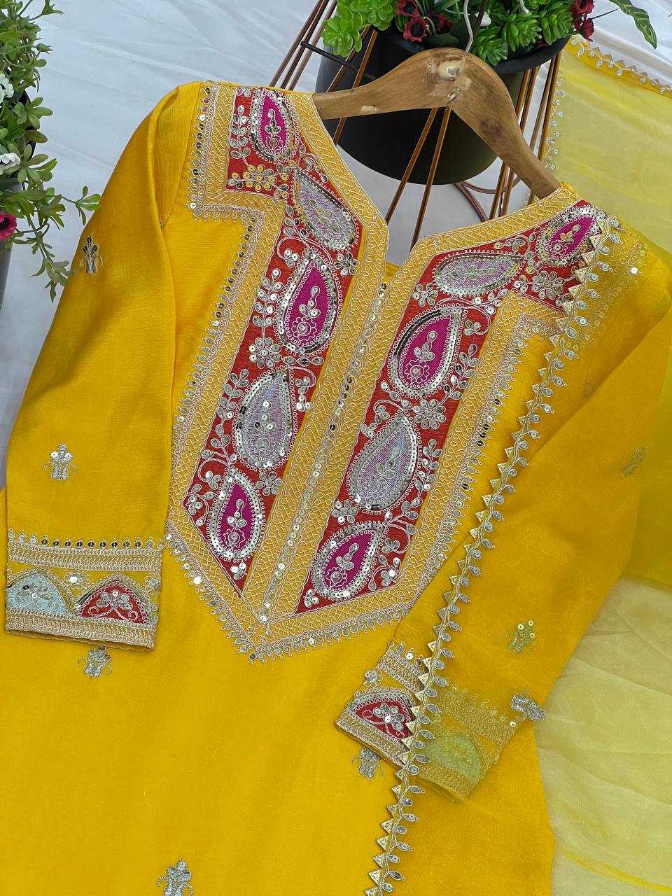 Ynf Chinon Silk KESH499 505 Suits & Dresses Wholesale Embroidery Suits Silk Suits Yellow Salwar Suit Manufacturer- Kapda Export