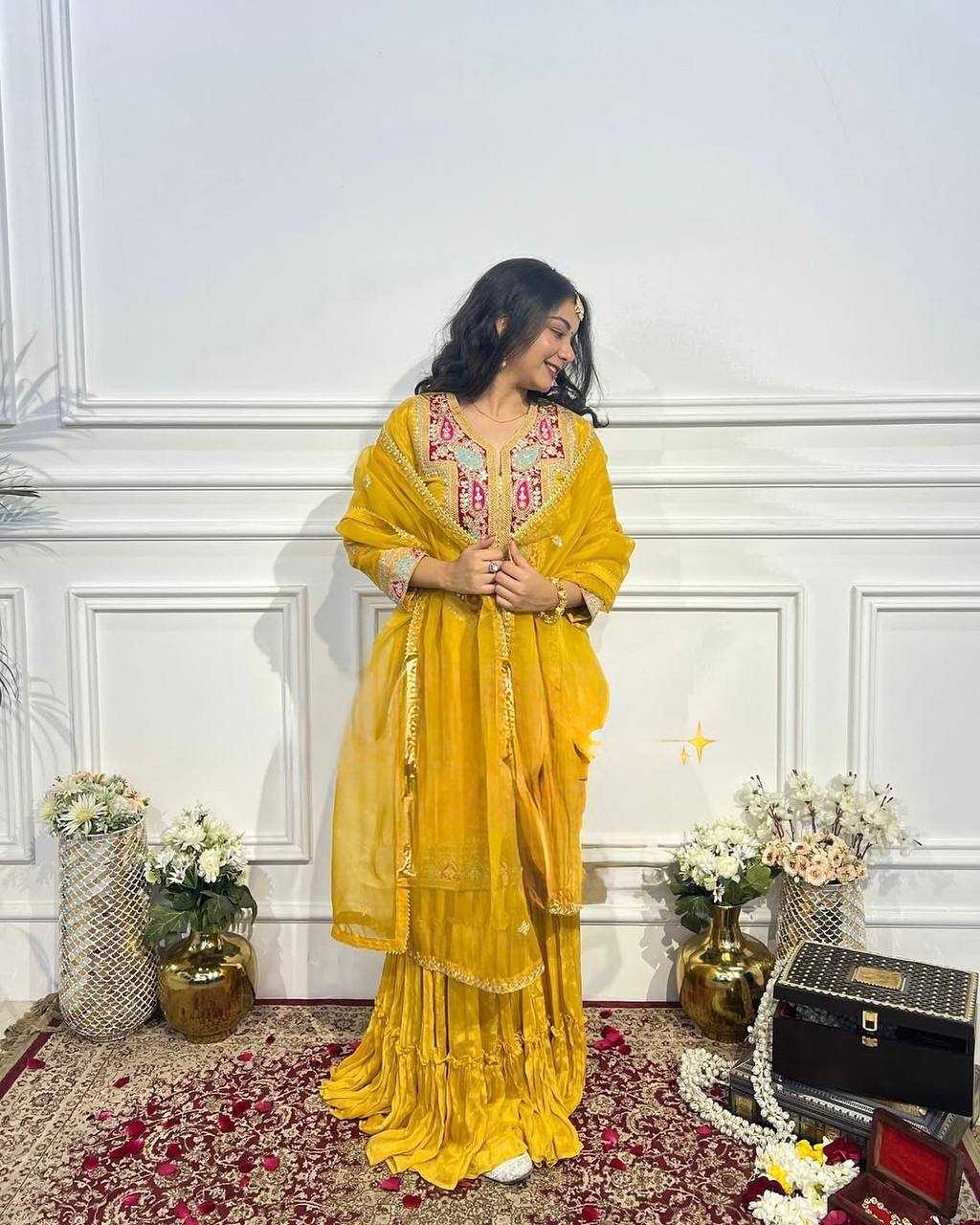 Ynf Chinon Silk KESH499 505 Suits & Dresses Wholesale Embroidery Suits Silk Suits Yellow Salwar Suit Manufacturer- Kapda Export
