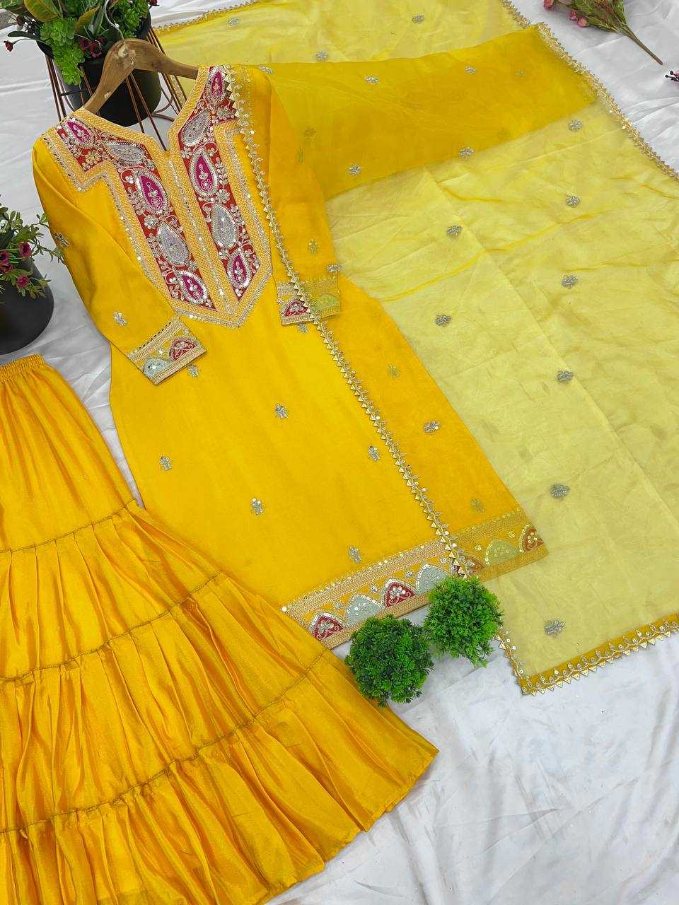 Ynf Chinon Silk KESH499 505 Suits & Dresses Wholesale Embroidery Suits Silk Suits Yellow Salwar Suit Manufacturer- Kapda Export
