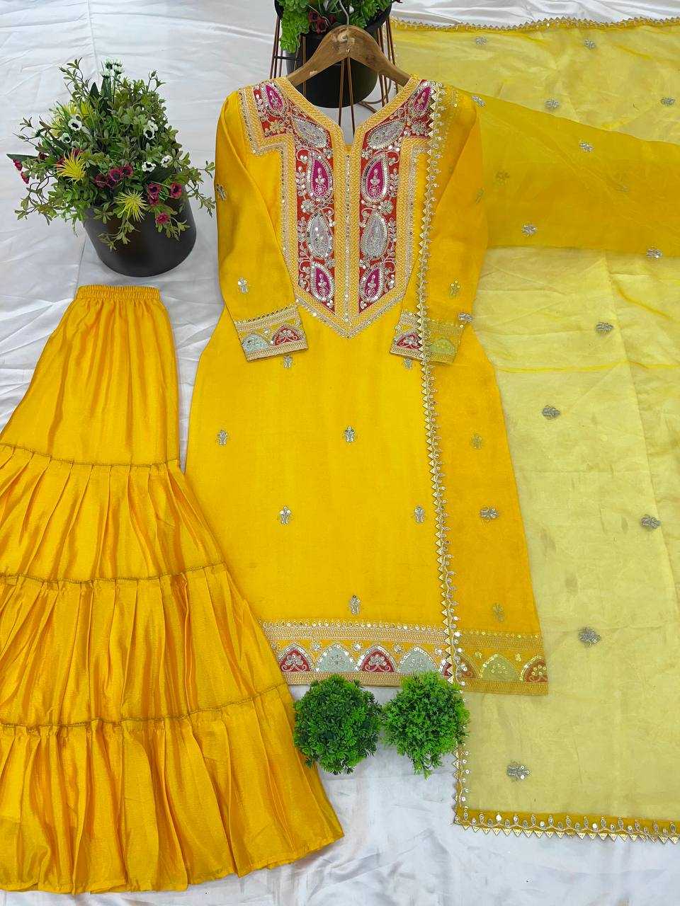 Ynf Chinon Silk KESH499 505 Suits & Dresses Wholesale Embroidery Suits Silk Suits Yellow Salwar Suit Manufacturer- Kapda Export