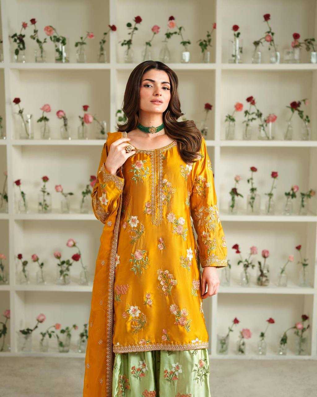 Ynf Crepe Silk KESH499 861 Suits & Dresses Wholesale Sharara Salwar Suits Party wear suits Yellow Salwar Suit Manufacturer- Kapda Export