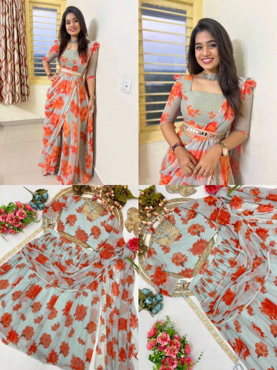 Ynf Faux Georgette KESH516 9261 Sarees Wholesale Party Wear Sarees Fancy Sarees Printed Sarees Lehenga Sarees Saree with Belt Manufacturer- Kapda Export