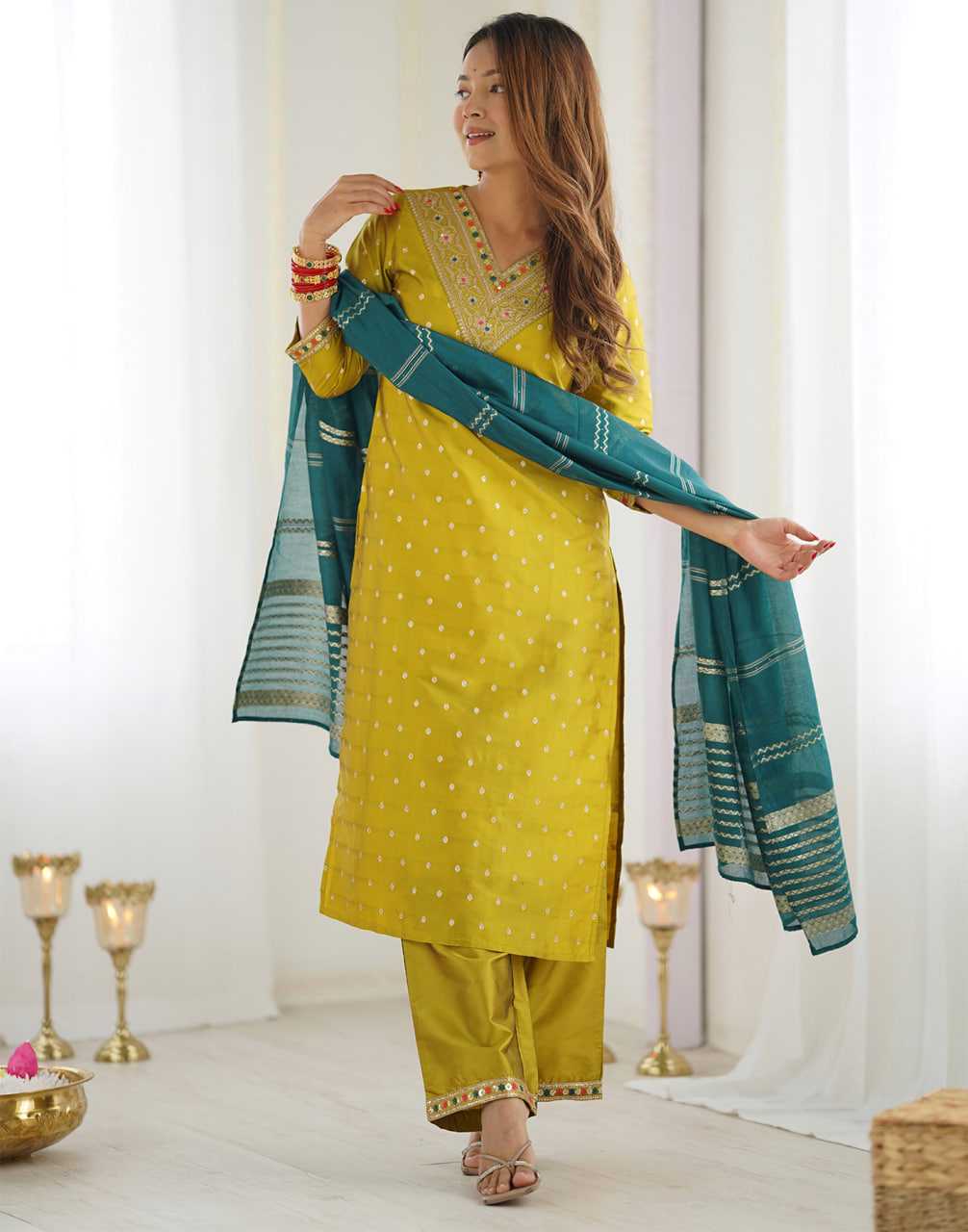 Ynf Jacquard KESH334 KASTURI Suits & Dresses Wholesale Ladies Suits Embroidery Suits Yellow Salwar Suit Manufacturer- Kapda Export