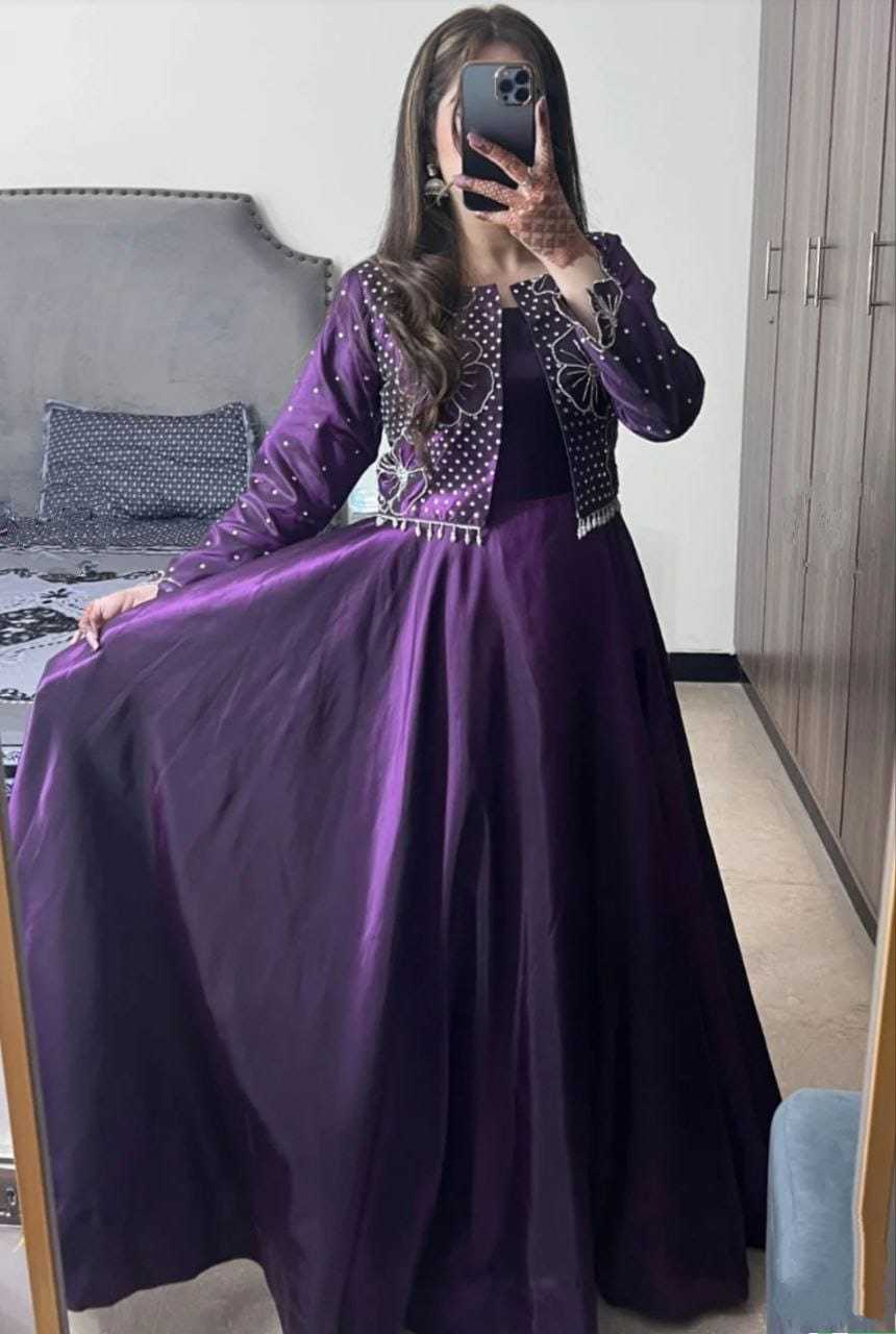 Ynf Satin RIN157 PC-3178 Gowns Festive Collections Plus Size Collections Wholesale Satin Gowns Full Sleeve Gowns Indo-Western Gown With Jacket Manufacturer- Kapda Export