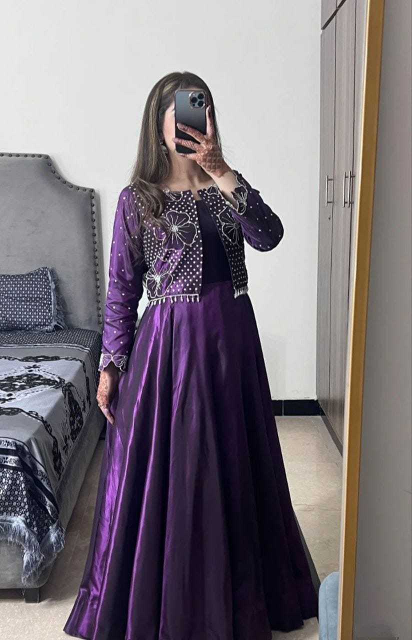 Ynf Satin RIN157 PC-3178 Gowns Festive Collections Plus Size Collections Wholesale Satin Gowns Full Sleeve Gowns Indo-Western Gown With Jacket Manufacturer- Kapda Export