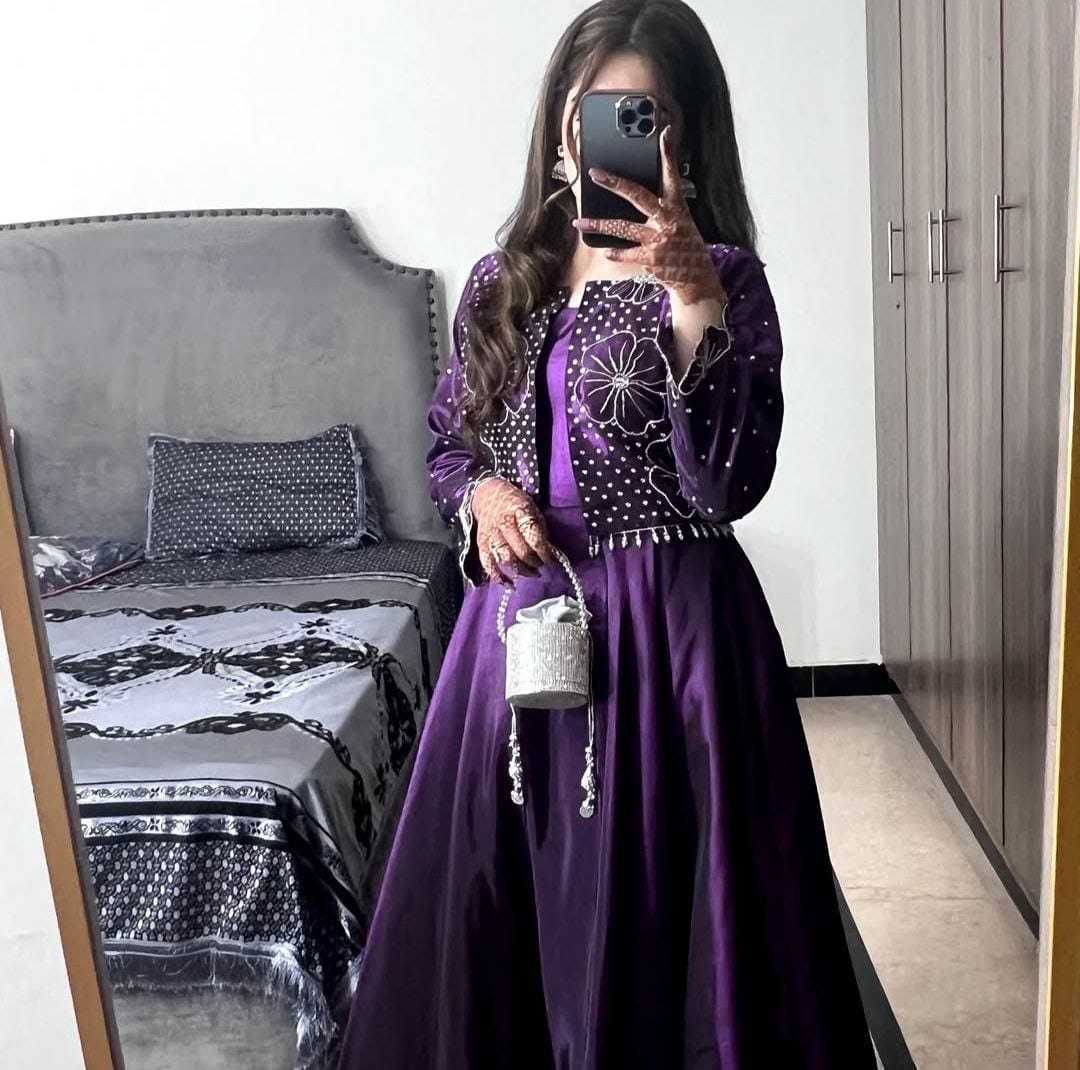 Ynf Satin RIN157 PC-3178 Gowns Festive Collections Plus Size Collections Wholesale Satin Gowns Full Sleeve Gowns Indo-Western Gown With Jacket Manufacturer- Kapda Export