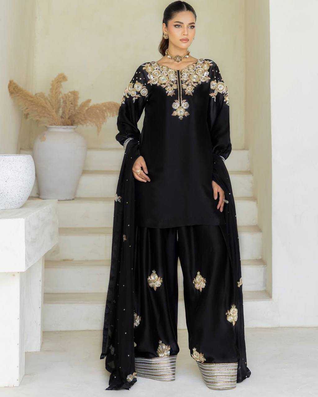 Ynf Crepe Silk RIN141 1978 Suits & Dresses Wholesale Embroidery Suits Palazzo Suit Black Salwar Suit Manufacturer- Kapda Export