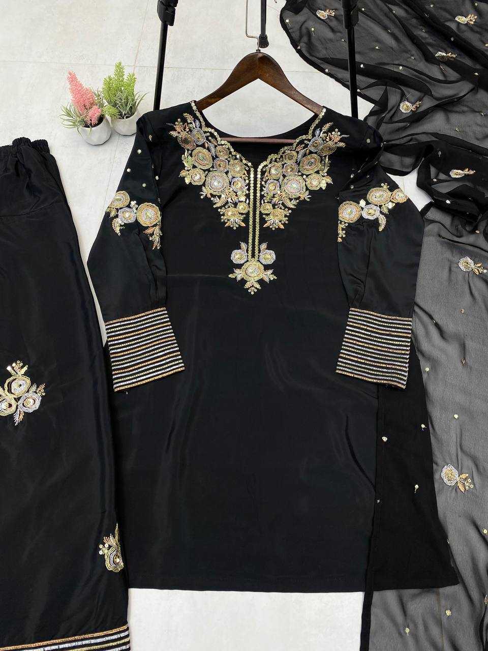 Ynf Crepe Silk RIN141 1978 Suits & Dresses Wholesale Embroidery Suits Palazzo Suit Black Salwar Suit Manufacturer- Kapda Export