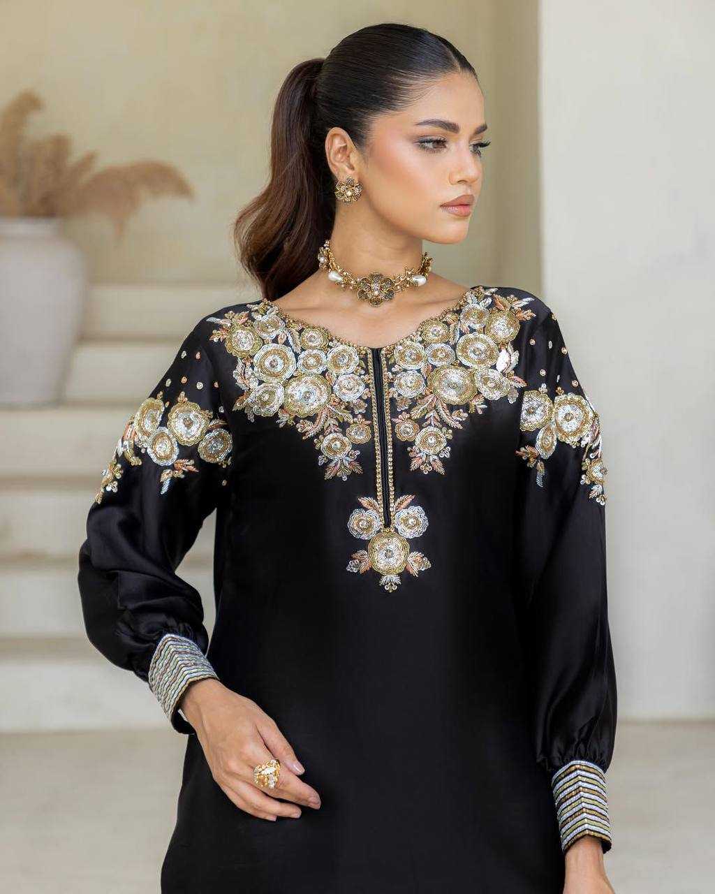 Ynf Crepe Silk RIN141 1978 Suits & Dresses Wholesale Embroidery Suits Palazzo Suit Black Salwar Suit Manufacturer- Kapda Export