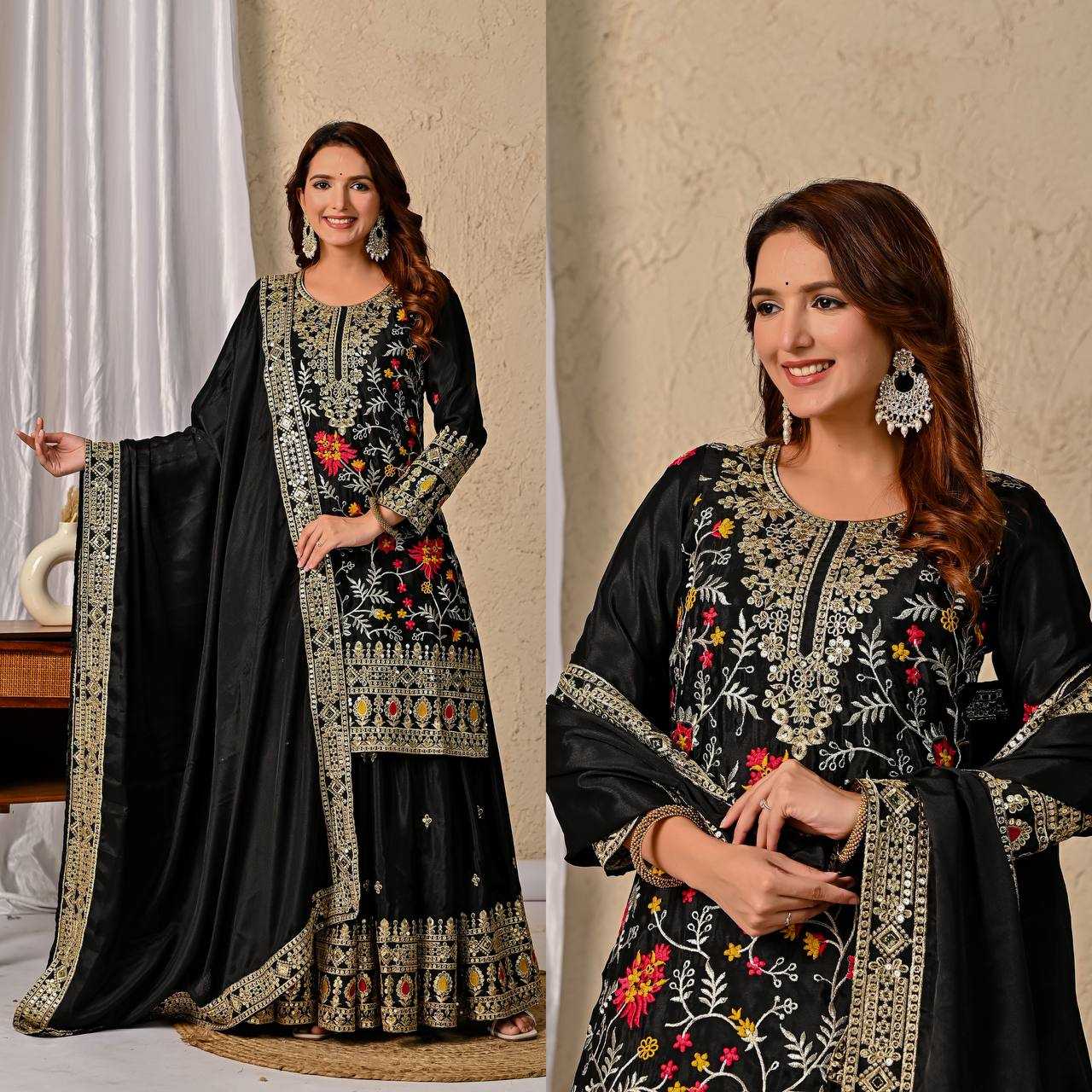 Ynf Heavy Chinnon Silk KESH528 472 Suits & Dresses Wedding Collections Festive Collections Wholesale Sharara Salwar Suits Embroidered Suits Black Salwar Suit Manufacturer- Kapda Export