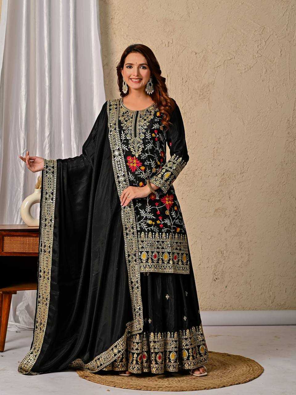 Ynf Heavy Chinnon Silk KESH528 472 Suits & Dresses Wedding Collections Festive Collections Wholesale Sharara Salwar Suits Embroidered Suits Black Salwar Suit Manufacturer- Kapda Export