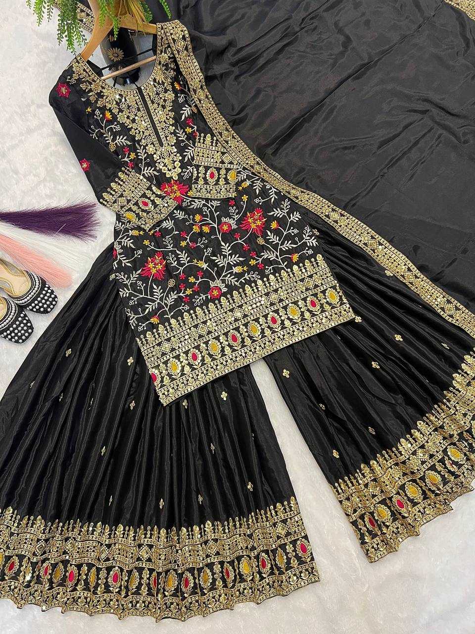 Ynf Heavy Chinnon Silk KESH528 472 Suits & Dresses Wedding Collections Festive Collections Wholesale Sharara Salwar Suits Embroidered Suits Black Salwar Suit Manufacturer- Kapda Export