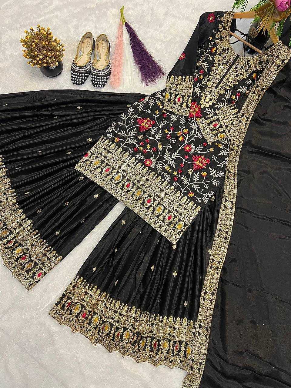 Ynf Heavy Chinnon Silk KESH528 472 Suits & Dresses Wedding Collections Festive Collections Wholesale Sharara Salwar Suits Embroidered Suits Black Salwar Suit Manufacturer- Kapda Export