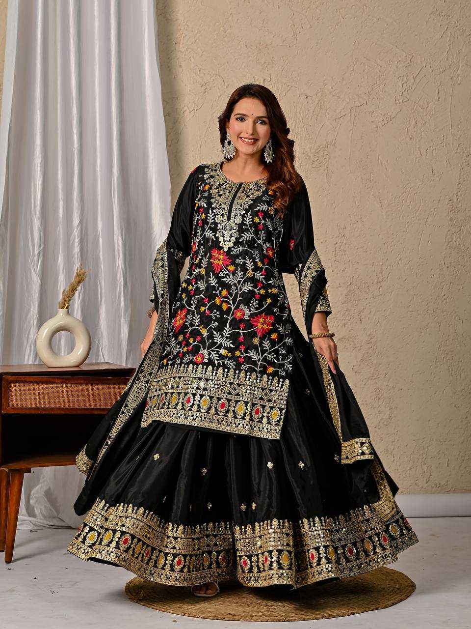 Ynf Heavy Chinnon Silk KESH528 472 Suits & Dresses Wedding Collections Festive Collections Wholesale Sharara Salwar Suits Embroidered Suits Black Salwar Suit Manufacturer- Kapda Export