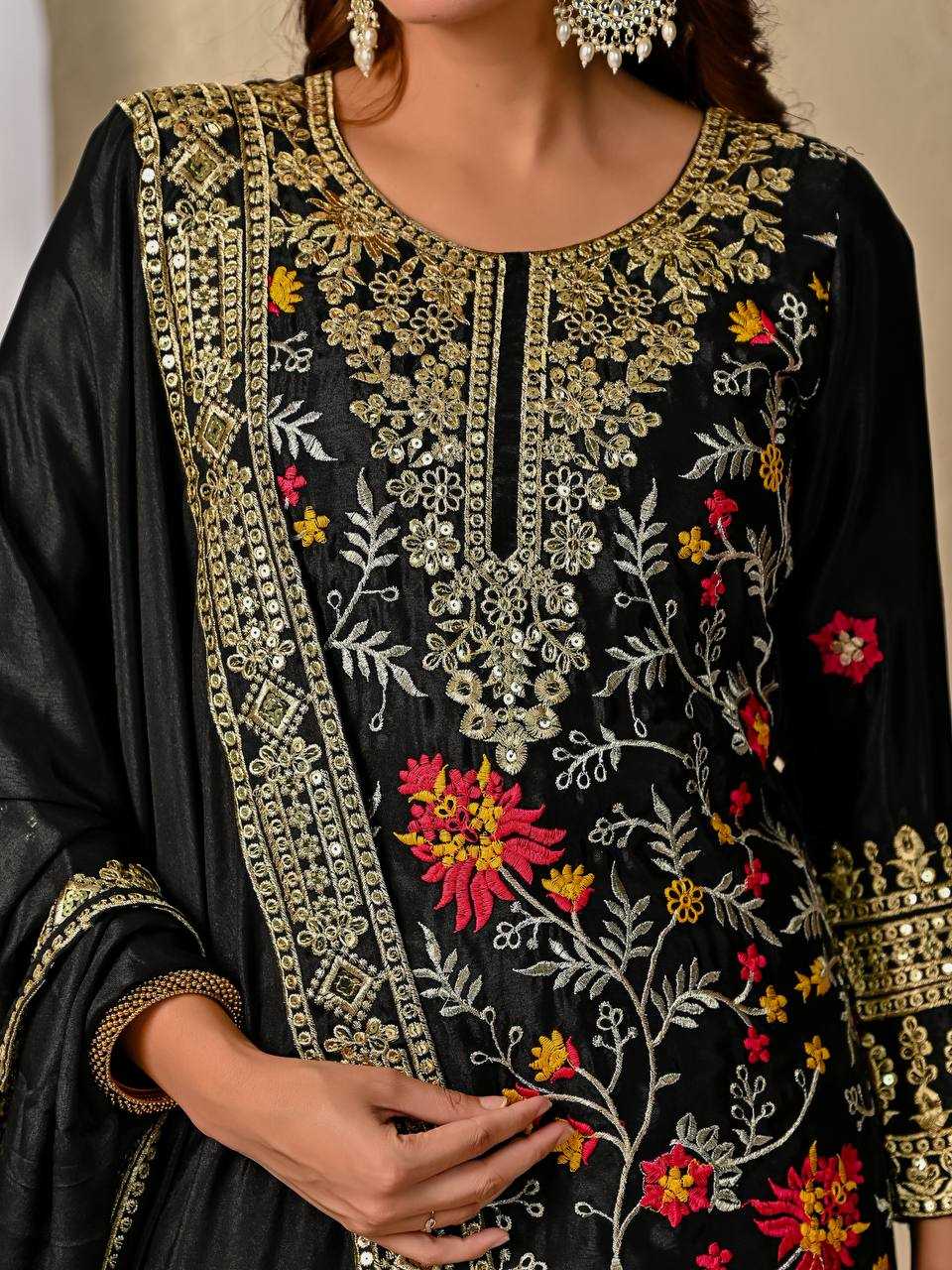 Ynf Heavy Chinnon Silk KESH528 472 Suits & Dresses Wedding Collections Festive Collections Wholesale Sharara Salwar Suits Embroidered Suits Black Salwar Suit Manufacturer- Kapda Export