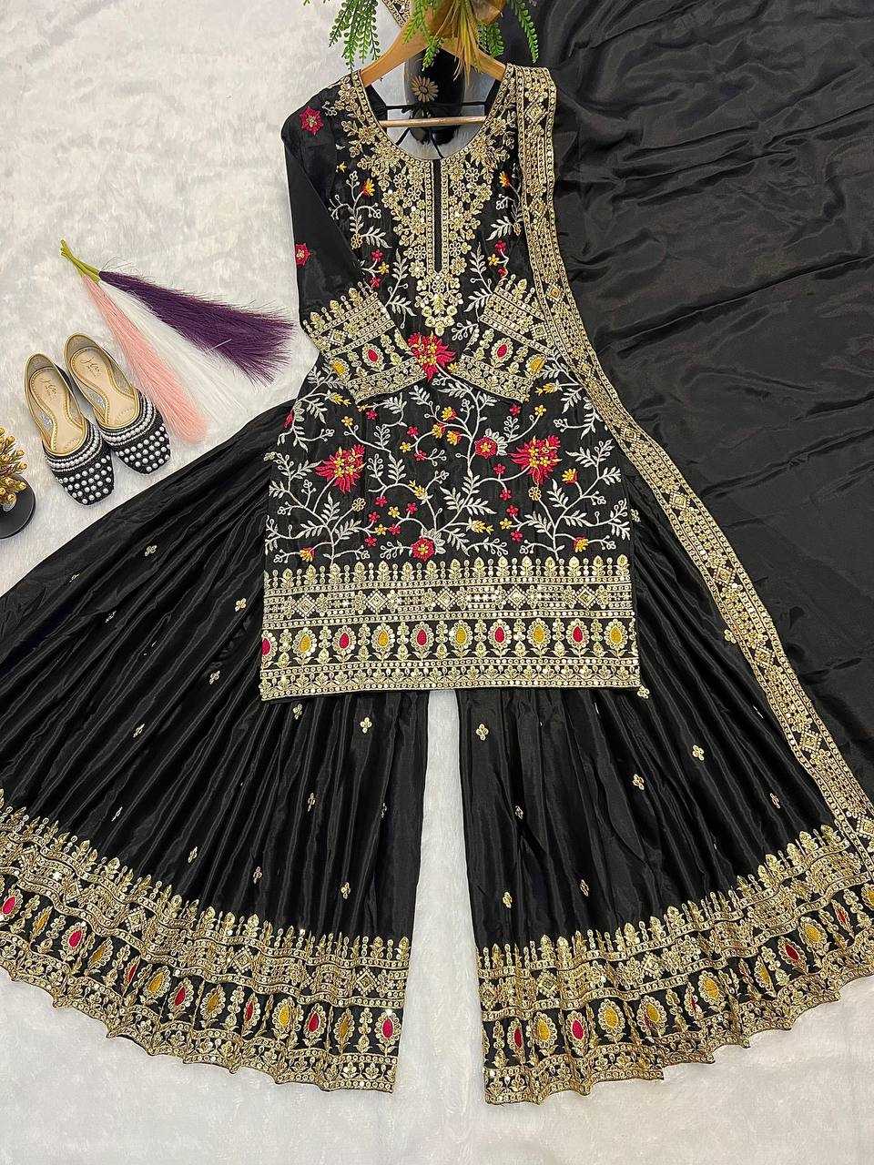 Ynf Heavy Chinnon Silk KESH528 472 Suits & Dresses Wedding Collections Festive Collections Wholesale Sharara Salwar Suits Embroidered Suits Black Salwar Suit Manufacturer- Kapda Export