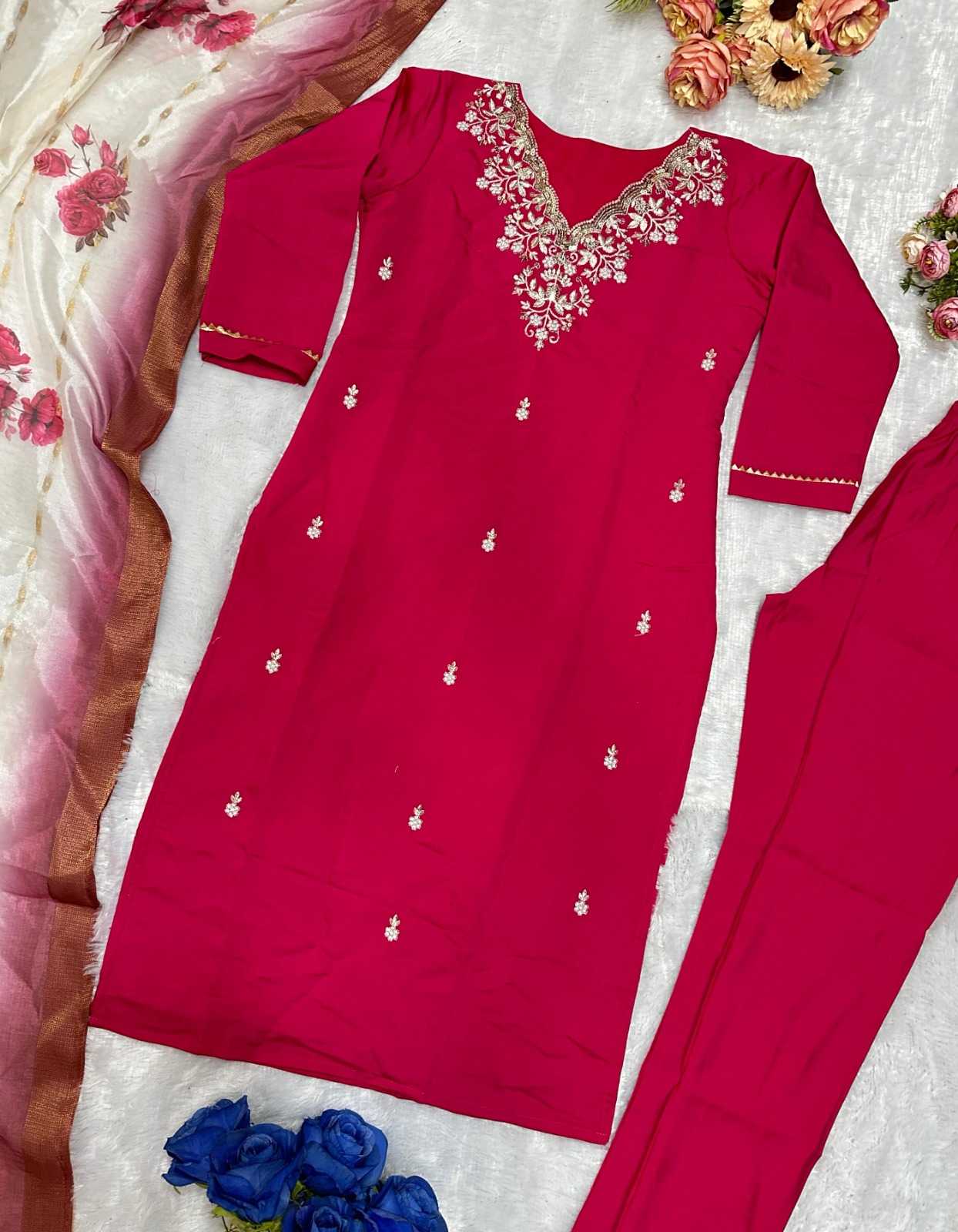 Ynf Heavy Roman Silk RIN222 SHELBY Kurti Wholesale Embroidered Kurtis Silk Kurtis Red Kurtis Manufacturer- Kapda Export