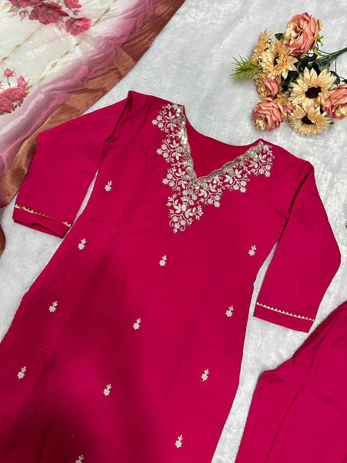 Ynf Heavy Roman Silk RIN222 SHELBY Kurti Wholesale Embroidered Kurtis Silk Kurtis Red Kurtis Manufacturer- Kapda Export