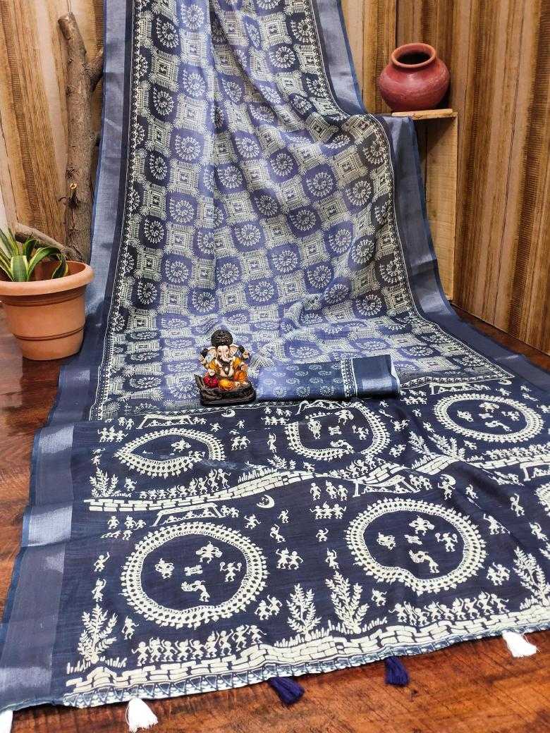 Ynf Linen RIN183 SILVER LINEN Sarees Wholesale Printed Sarees Cotton Linen Sarees Batik Sarees Manufacturer- Kapda Export