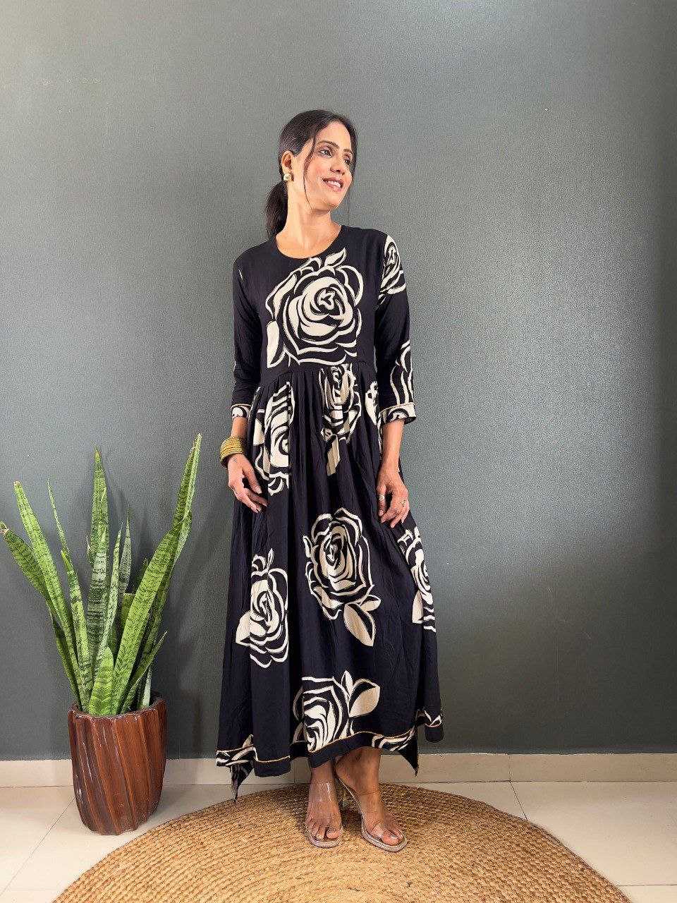 Ynf Rayon KESH554 Black Gowns Wholesale Floral Print Gowns Manufacturer- Kapda Export