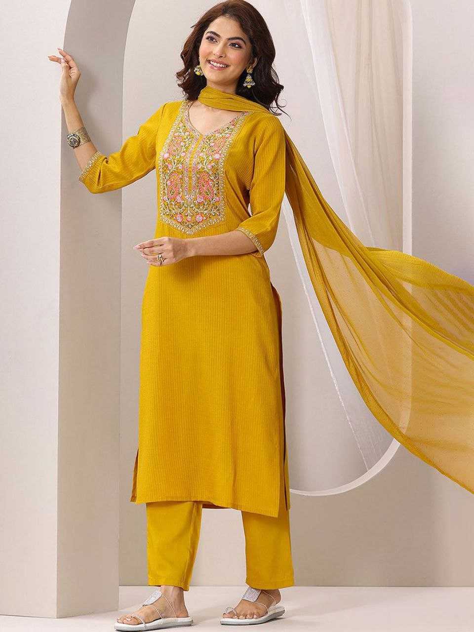Ynf Reyon Cotton KESH529 MUMTAJ Suits & Dresses Wholesale Embroidery Suits Party wear suits Yellow Salwar Suit Manufacturer- Kapda Export