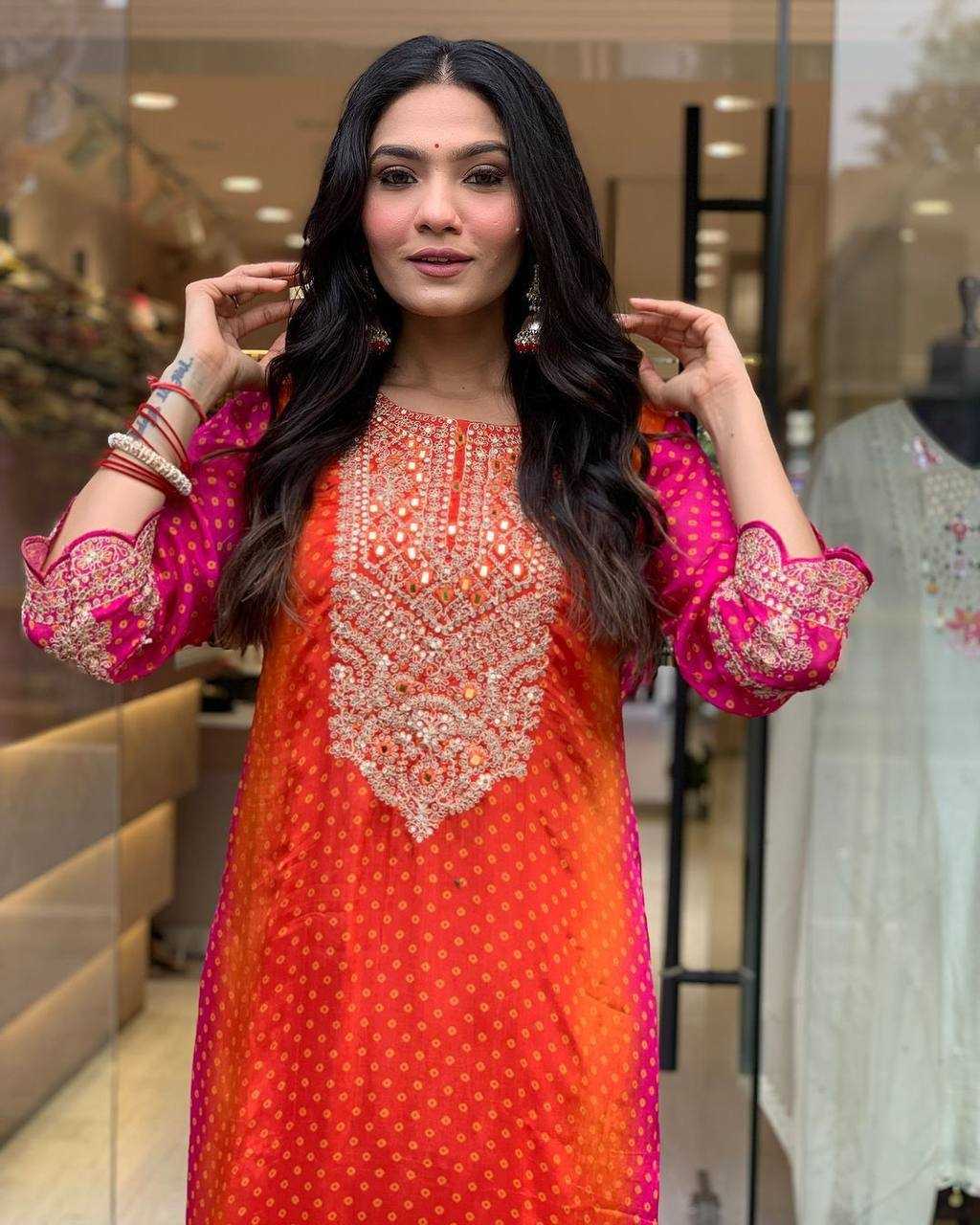 Ynf Chinon KESH501 Chinon gold Kurti Wholesale Mirror Work Kurti Bandhani Kurtis Kurti With Pants Manufacturer- Kapda Export