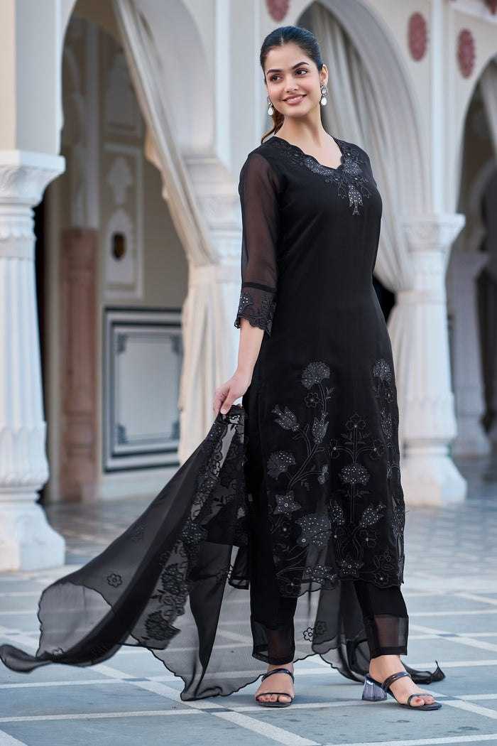 Ynf Faux Blooming KESH595 6038 Kurti Wholesale Georgette Kurti Embroidered Kurtis Black Kurtis Manufacturer- Kapda Export