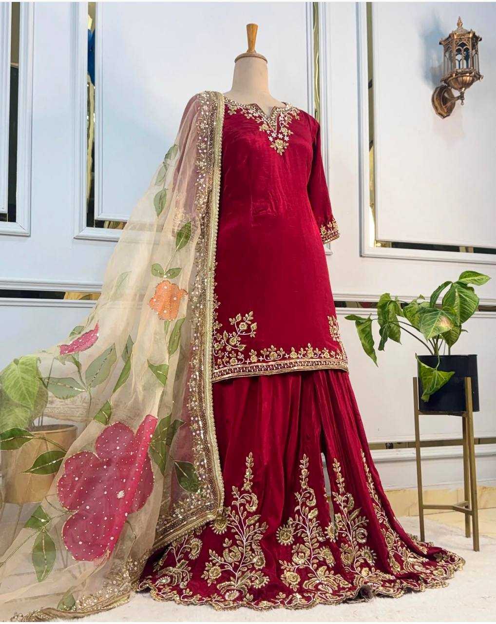 Ynf Georgette KESH506 1219 Suits & Dresses Wholesale Sharara Salwar Suits Embroidery Suits Red Salwar Suit Manufacturer- Kapda Export