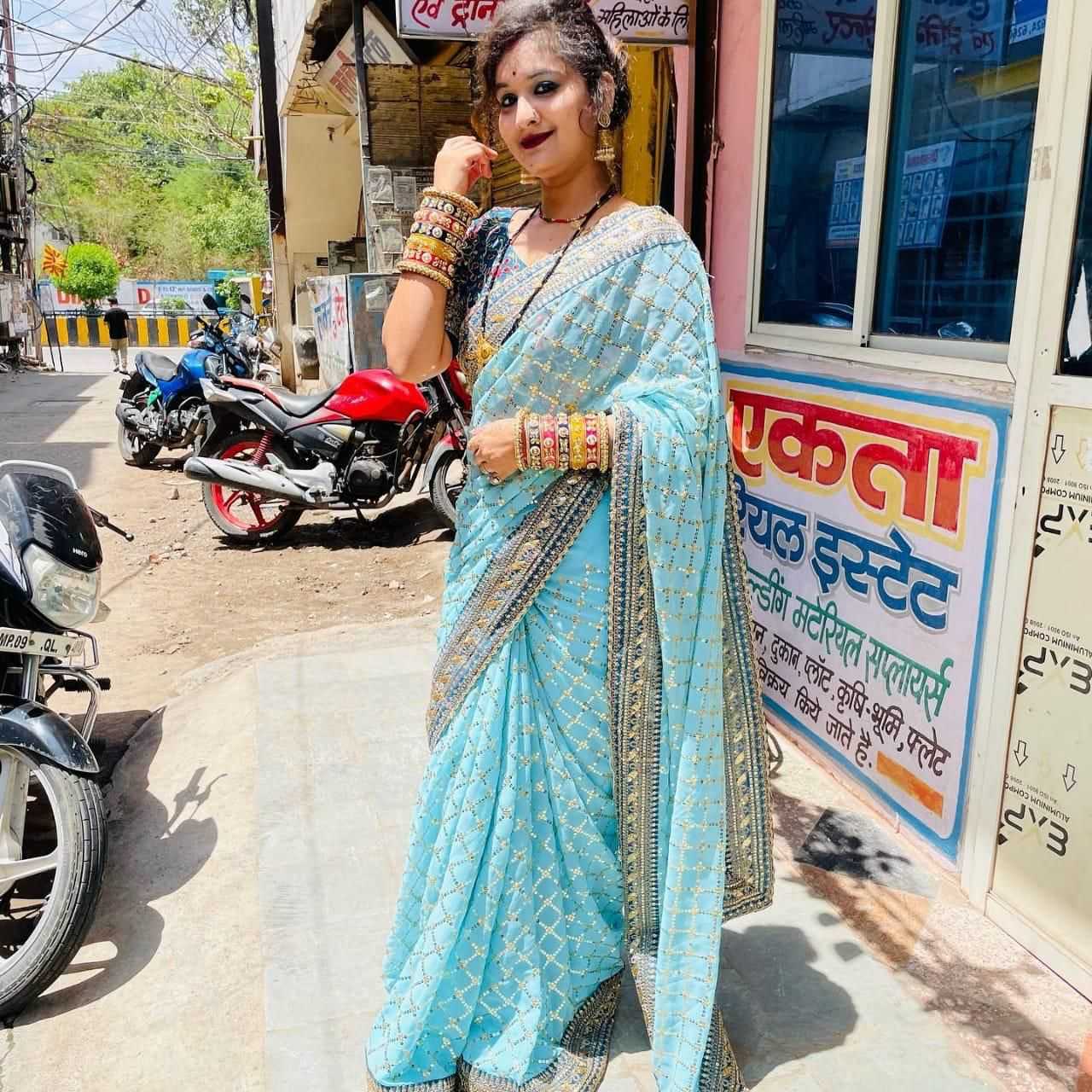 Ynf Georgette RIN134 0155 Sarees Wholesale Georgette Sarees Embroidered Sarees Blue Sarees Manufacturer- Kapda Export