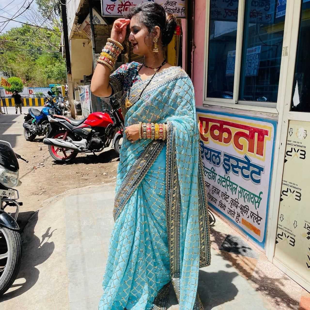 Ynf Georgette RIN134 0155 Sarees Wholesale Georgette Sarees Embroidered Sarees Blue Sarees Manufacturer- Kapda Export