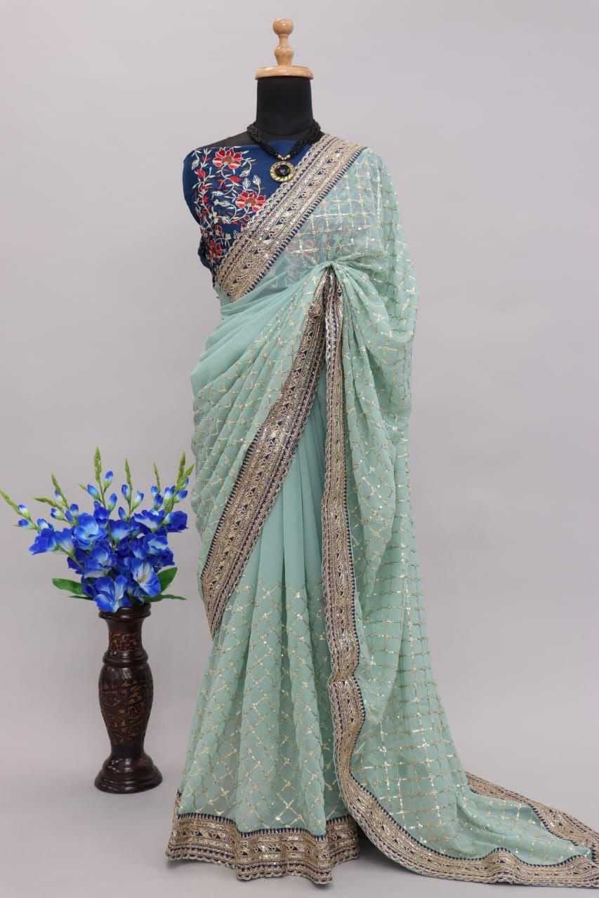 Ynf Georgette RIN134 0155 Sarees Wholesale Georgette Sarees Embroidered Sarees Blue Sarees Manufacturer- Kapda Export
