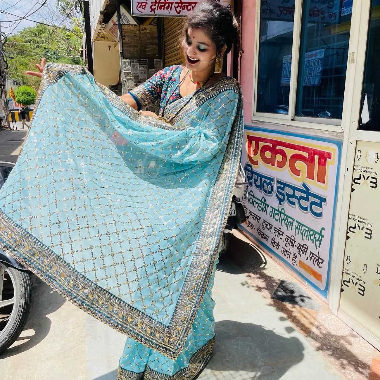 Ynf Georgette RIN134 0155 Sarees Wholesale Georgette Sarees Embroidered Sarees Blue Sarees Manufacturer- Kapda Export