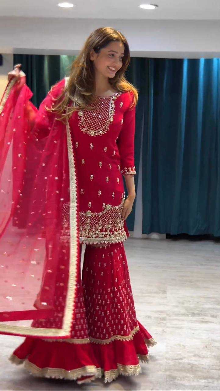 Ynf Georgette RIN162 5909 Suits & Dresses Wholesale Sharara Salwar Suits Embroidery Suits Red Salwar Suit Manufacturer- Kapda Export