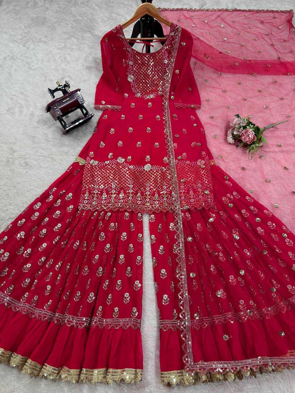 Ynf Georgette RIN162 5909 Suits & Dresses Wholesale Sharara Salwar Suits Embroidery Suits Red Salwar Suit Manufacturer- Kapda Export