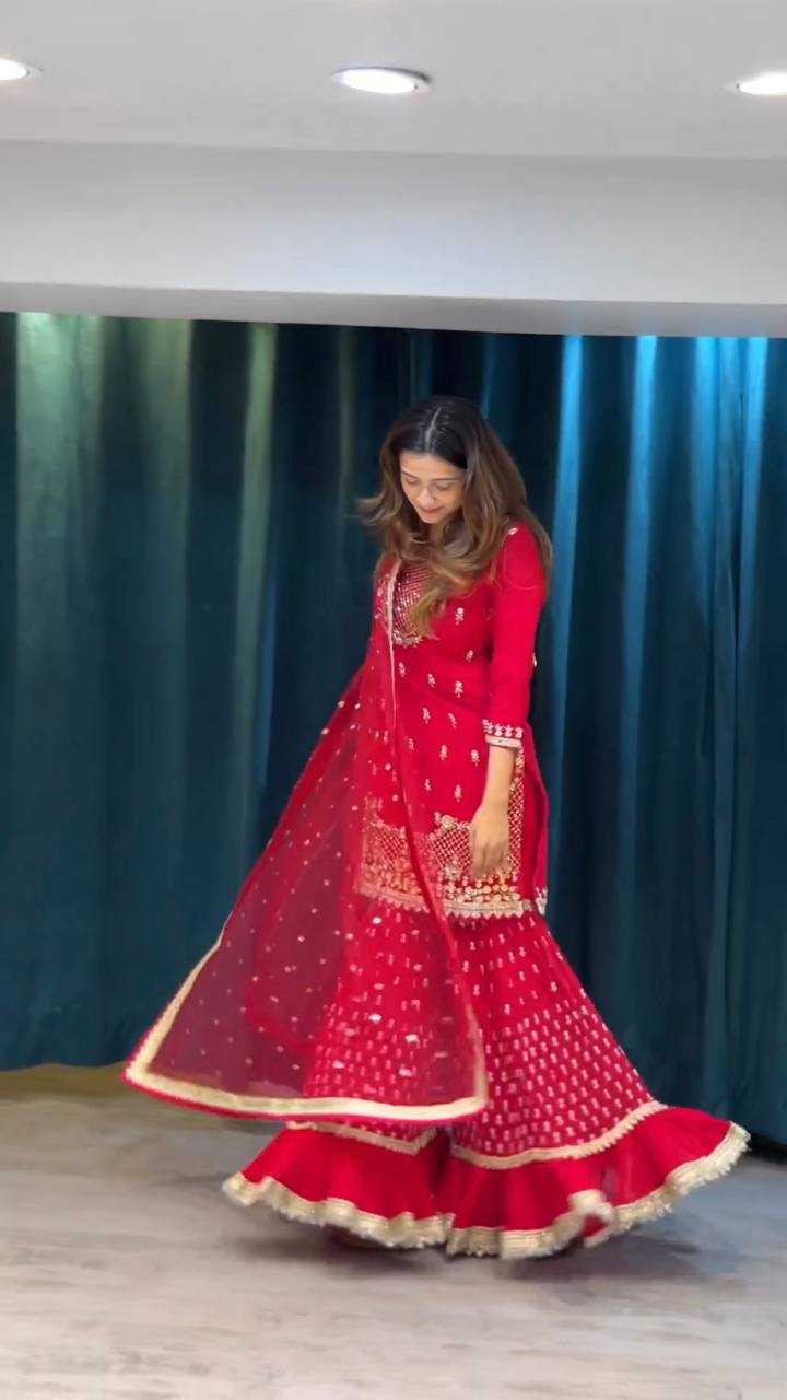 Ynf Georgette RIN162 5909 Suits & Dresses Wholesale Sharara Salwar Suits Embroidery Suits Red Salwar Suit Manufacturer- Kapda Export