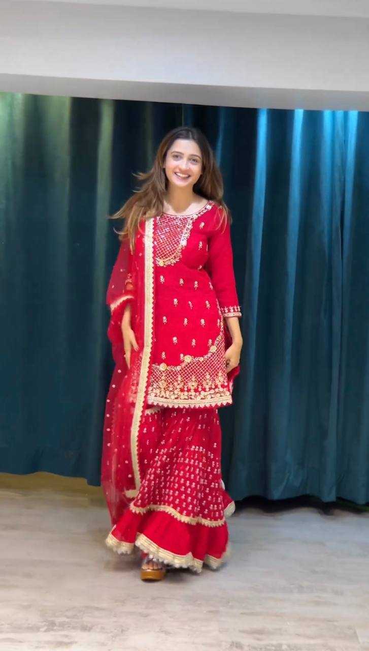 Ynf Georgette RIN162 5909 Suits & Dresses Wholesale Sharara Salwar Suits Embroidery Suits Red Salwar Suit Manufacturer- Kapda Export