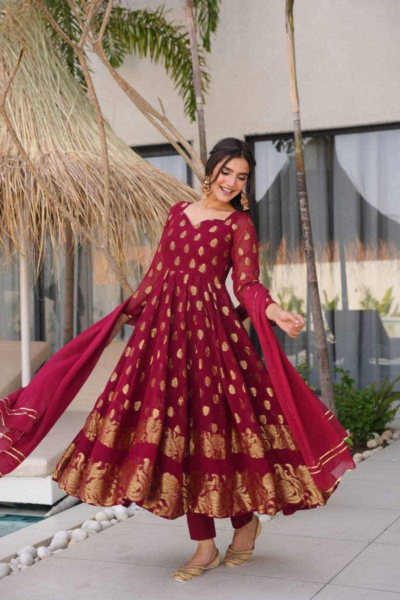 Ynf Jacquard RIN162 5908 Gowns Wholesale Fancy Gowns Anarkali Gown Maroon Gown Manufacturer- Kapda Export