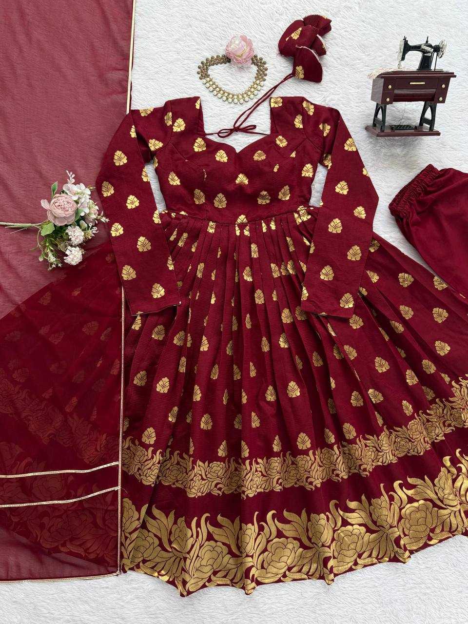 Ynf Jacquard RIN162 5908 Gowns Wholesale Fancy Gowns Anarkali Gown Maroon Gown Manufacturer- Kapda Export