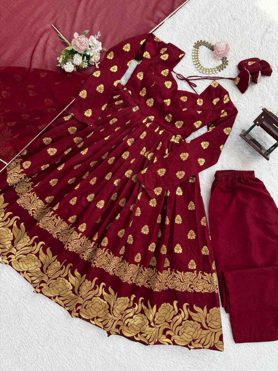 Ynf Jacquard RIN162 5908 Gowns Wholesale Fancy Gowns Anarkali Gown Maroon Gown Manufacturer- Kapda Export