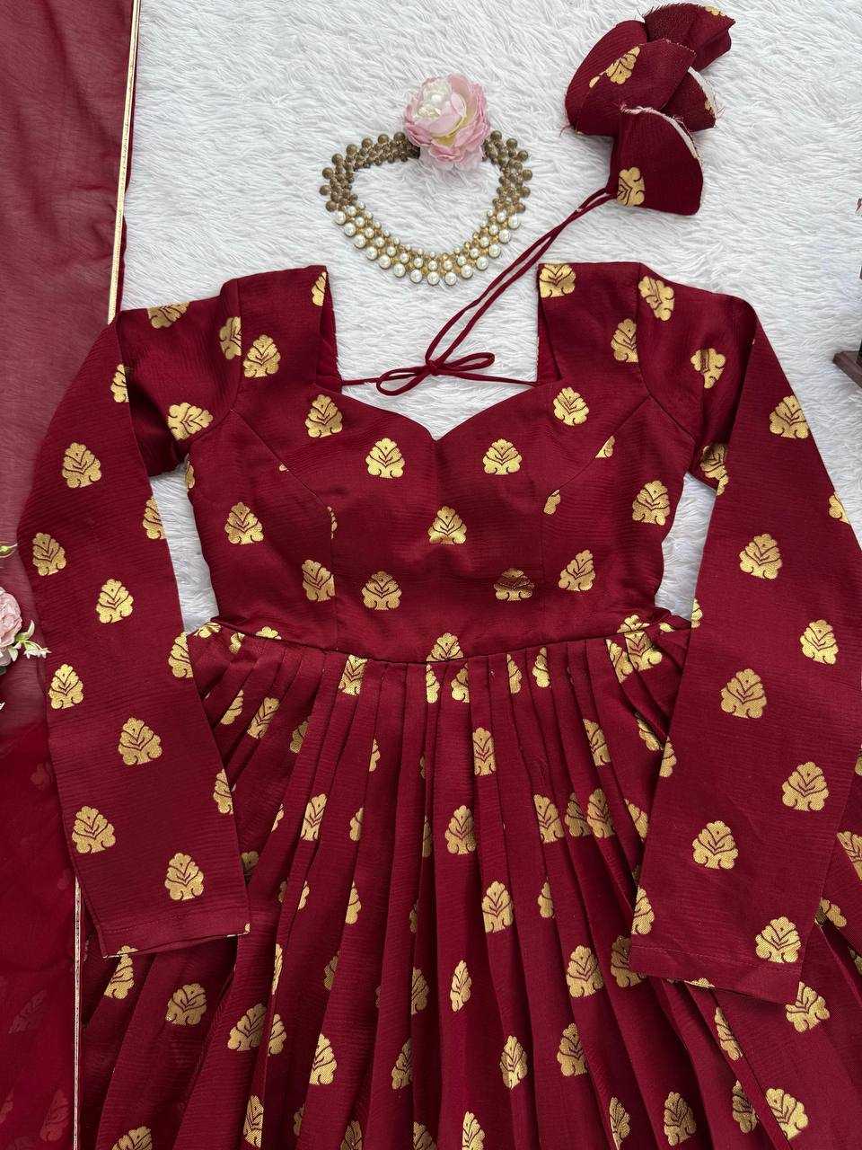 Ynf Jacquard RIN162 5908 Gowns Wholesale Fancy Gowns Anarkali Gown Maroon Gown Manufacturer- Kapda Export