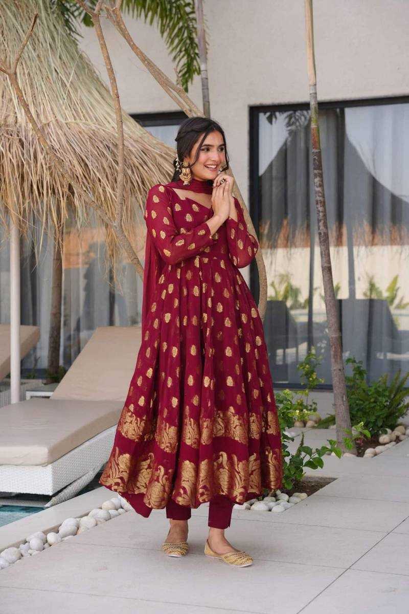 Ynf Jacquard RIN162 5908 Gowns Wholesale Fancy Gowns Anarkali Gown Maroon Gown Manufacturer- Kapda Export