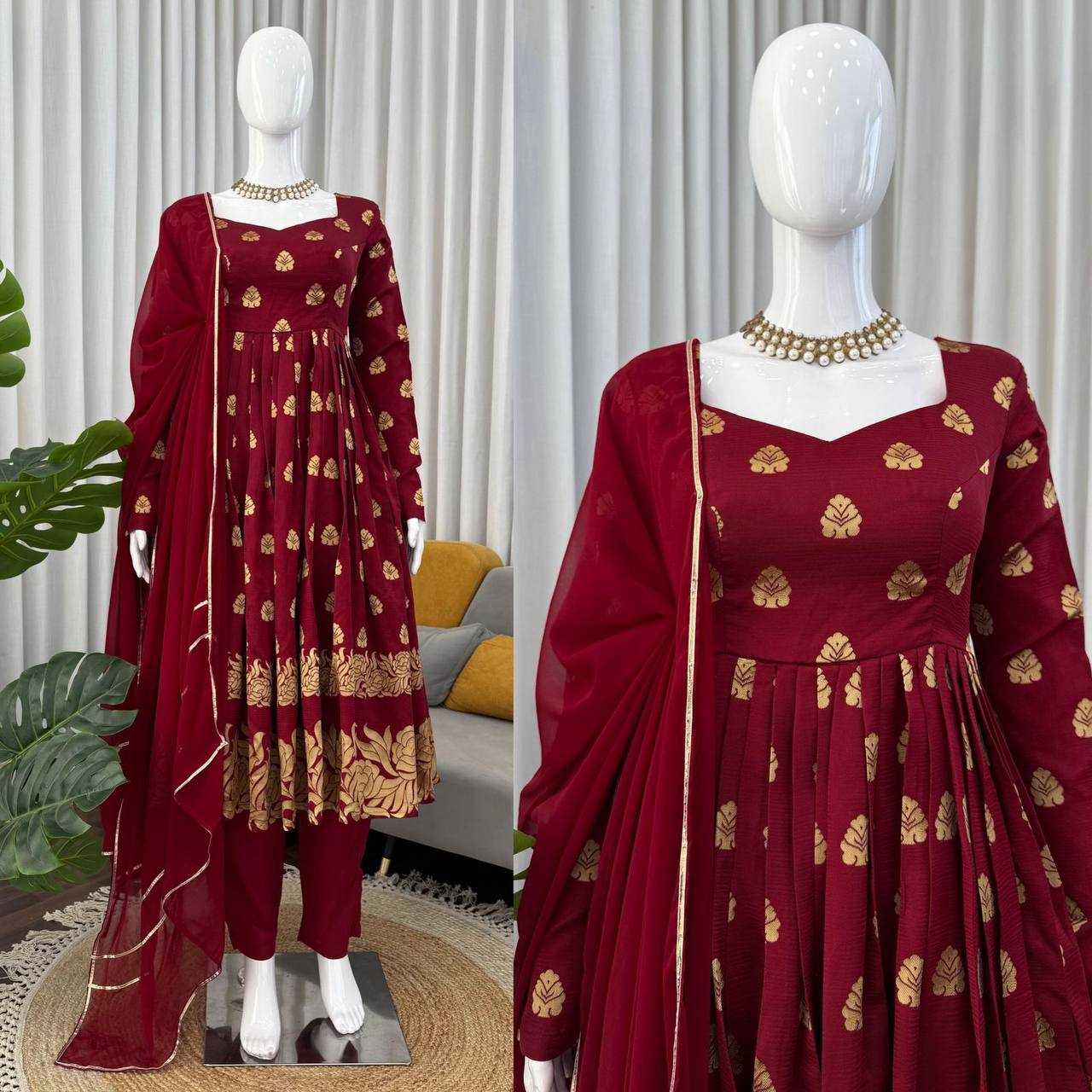 Ynf Jacquard RIN162 5908 Gowns Wholesale Fancy Gowns Anarkali Gown Maroon Gown Manufacturer- Kapda Export