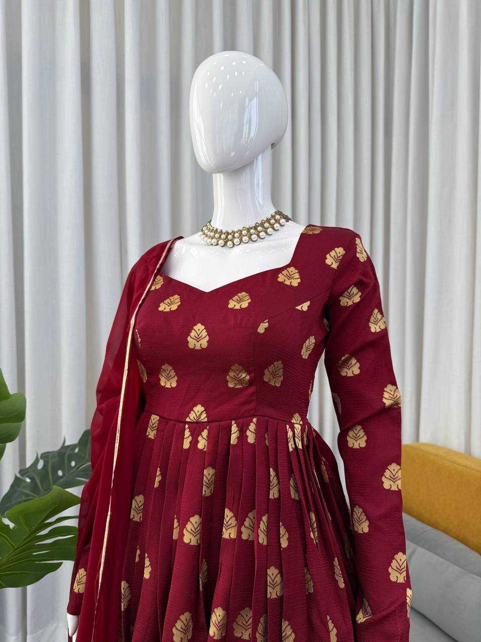Ynf Jacquard RIN162 5908 Gowns Wholesale Fancy Gowns Anarkali Gown Maroon Gown Manufacturer- Kapda Export