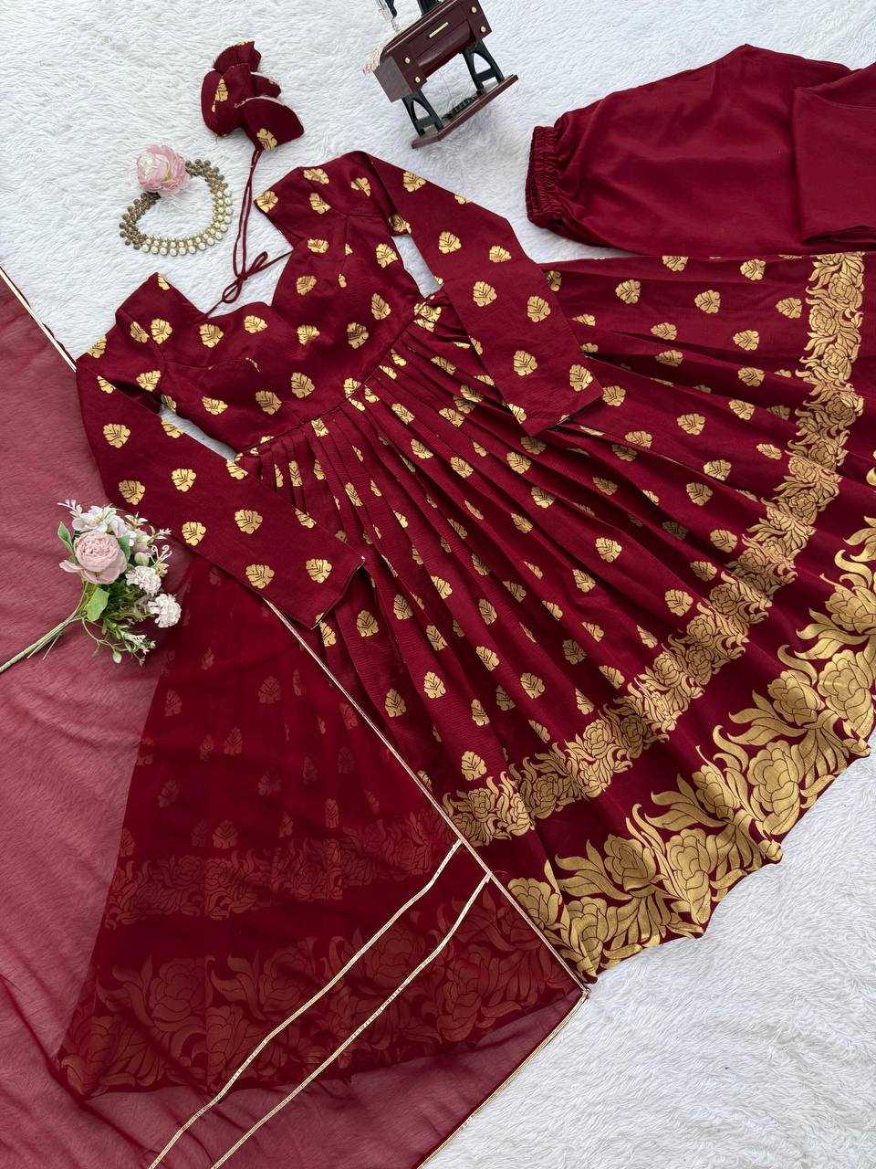 Ynf Jacquard RIN162 5908 Gowns Wholesale Fancy Gowns Anarkali Gown Maroon Gown Manufacturer- Kapda Export