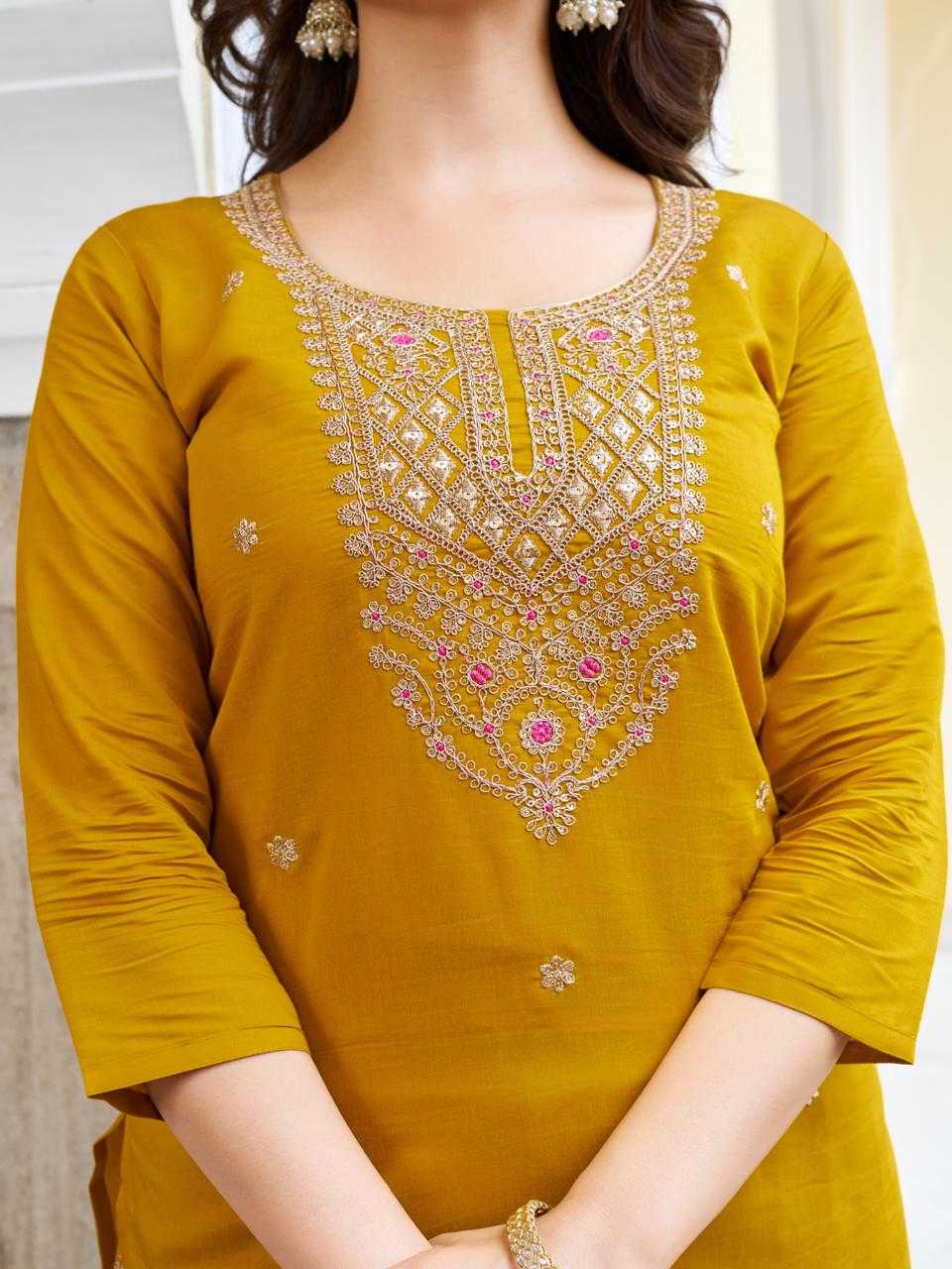 Ynf Viscose Chanderi KESH595 RUHEE Kurti Wholesale Fancy Kurti Embroidered Kurtis Yellow Kurtis Manufacturer- Kapda Export