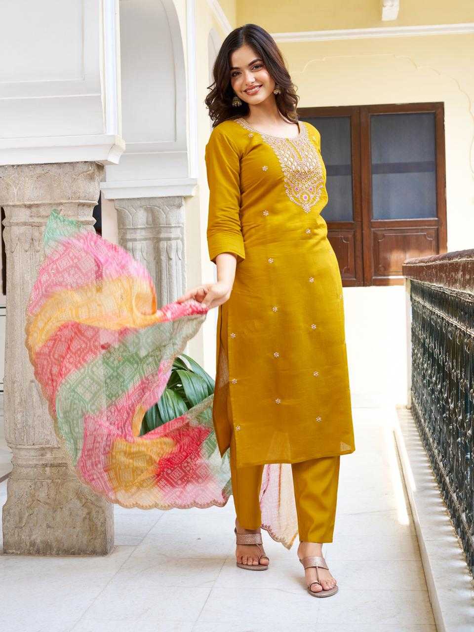 Ynf Viscose Chanderi KESH595 RUHEE Kurti Wholesale Fancy Kurti Embroidered Kurtis Yellow Kurtis Manufacturer- Kapda Export