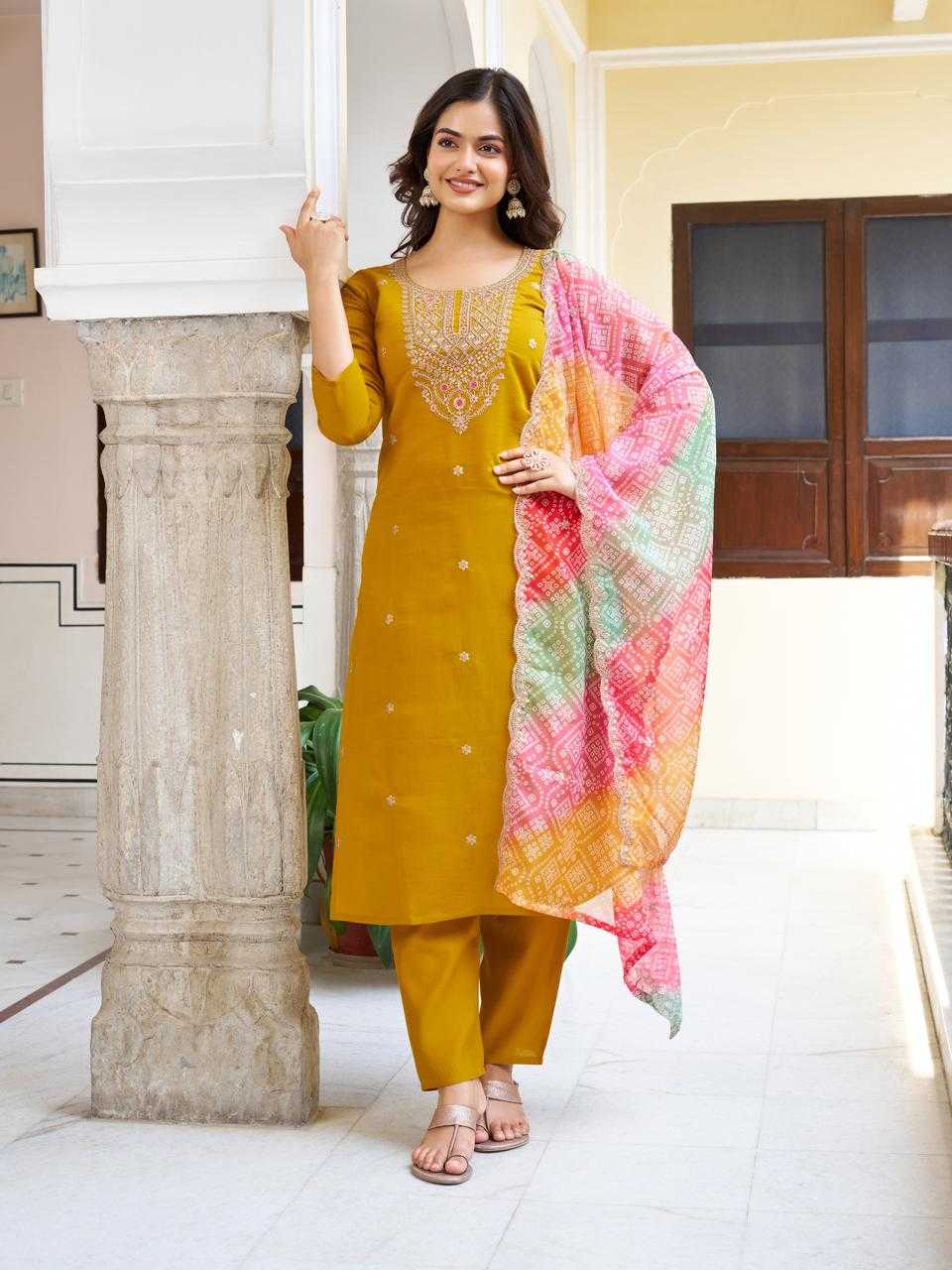 Ynf Viscose Chanderi KESH595 RUHEE Kurti Wholesale Fancy Kurti Embroidered Kurtis Yellow Kurtis Manufacturer- Kapda Export