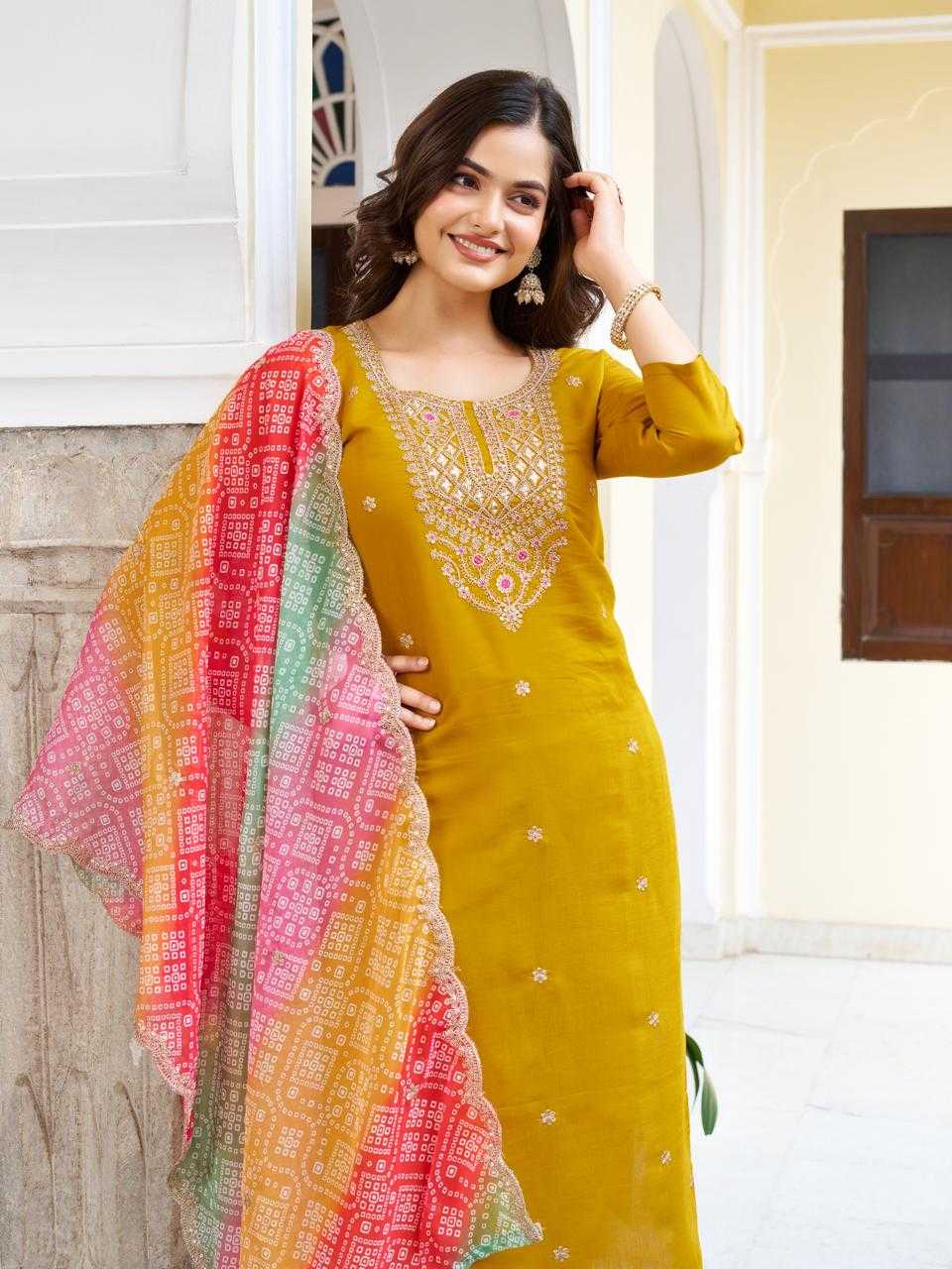 Ynf Viscose Chanderi KESH595 RUHEE Kurti Wholesale Fancy Kurti Embroidered Kurtis Yellow Kurtis Manufacturer- Kapda Export